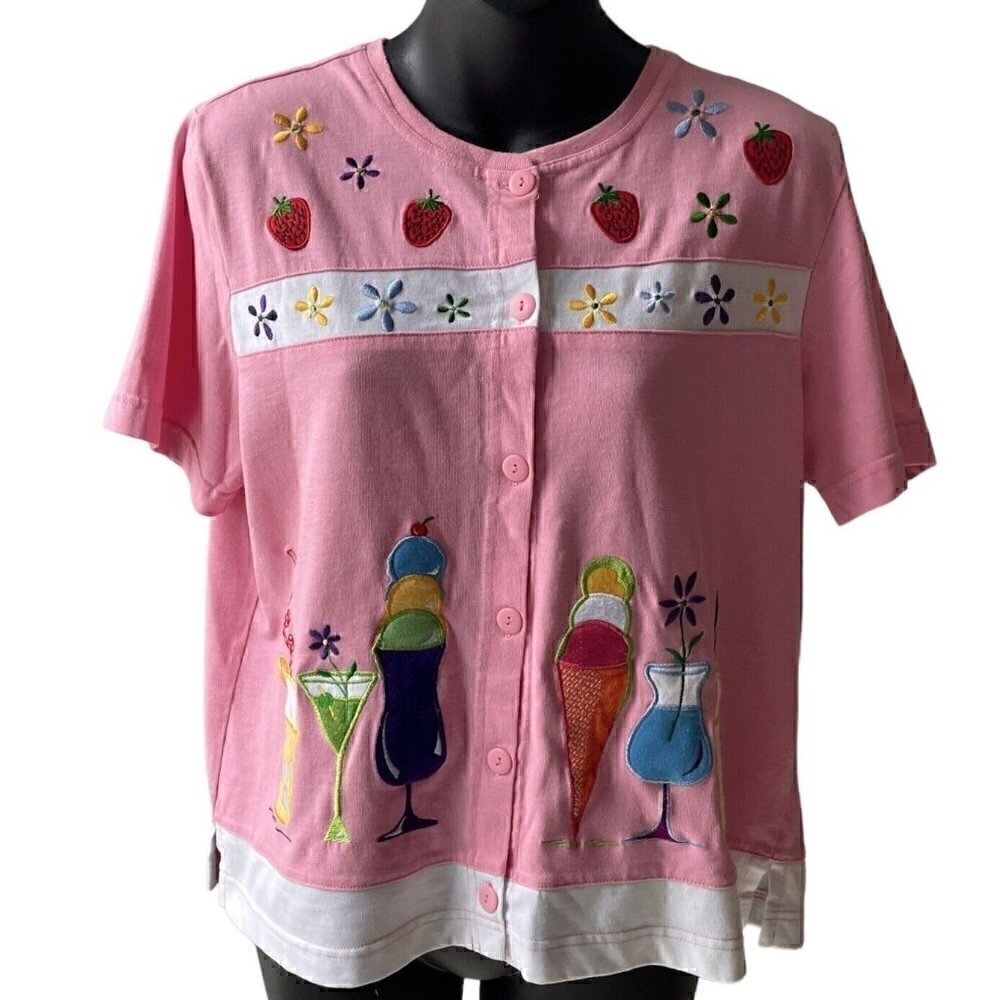 VTG 90s Petite Pink Short Sleeve Button Up Patches Embroidery Spring Women’s PM